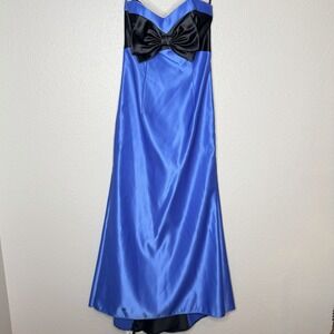 VTG Jessica McClintock Gunne Sax Blue Black Satin Bow Prom Dress Y2K Size 3 XS